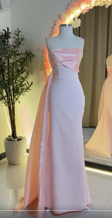 Niulatu Strapless Sheath Long Prom Dresses Chiffon Satin New Year Evening Dress Pink Formal Dresses HZ1026